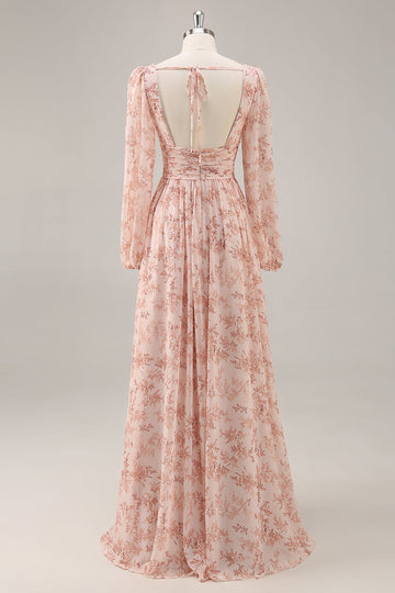 Różowy Kwiat Kształcie Litery A Szyfon Długa Sukienki Na Wesele z Rękawy